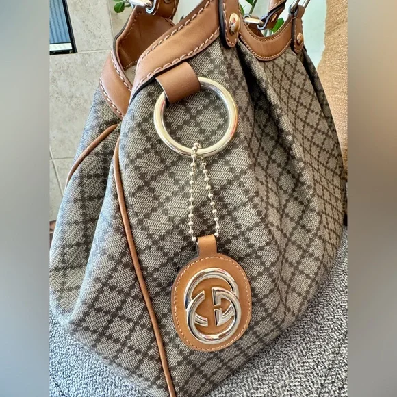 Designer-Style Brown Patterned Tote Bag with Tan Leather Trim - Picture 5 of 16